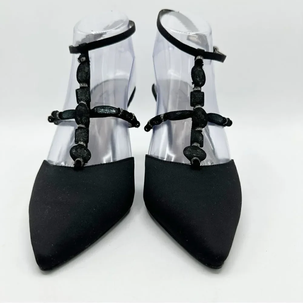 M. By Marinelli Black Satin Sparkly Jeweled T-Strap Stiletto Evening Sandal 8.5M